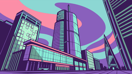 Cityscape architecture building urban skyline illustration with purple and teal color palette design