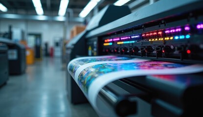 Close up of a large format printer printing colorful images in a printing factory setting indoors