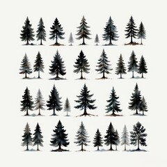 Fototapeta premium a collection of dark forests, watercolor style, arranged in a 3x3 grid on a white background