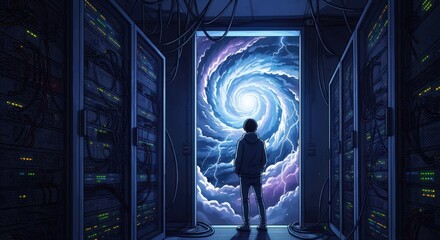Man standing in front of portal in server room, data center concept.