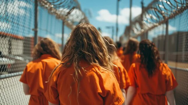 Women in orange prison uniforms walking concept of  justice system, punishment, correctional facility, and female inmates in secured prison walkway
