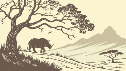 Rhino silhouette in african landscape with acacia tree and mountains vector illustration design concept