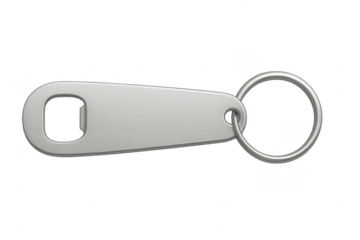 Silver metal bottle opener keychain on transparent background