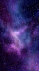 Naklejka premium A vertical starry night sky with a smooth gradient from deep purple to dark blue, filled with tiny sparkling stars and a soft glowing purple nebula drifting through the center.