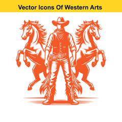 Fototapeta premium Cowboy with Two Rearing Horses – Black and White Western Vector Illustration