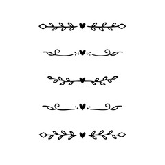 Decorative simple divider. Text dividers retro minimal line separators,  Vector isolated geometric wedding card heart separator elements set. Text dividers. . Hand drawn vector illustration. 
