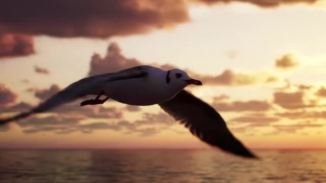 Penerbangan camar di langit biru matahari terbenamnya lanskap pantai, siluet sayap burung berpadu sempurna dengan alam