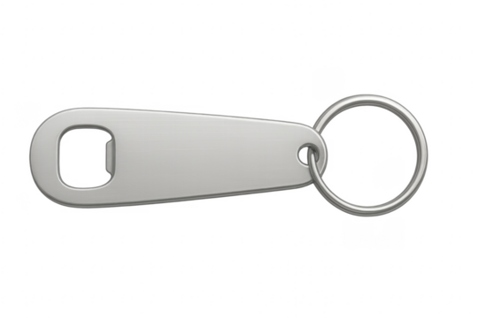 Silver metal bottle opener keychain on transparent background