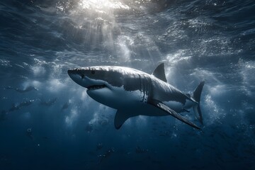 Fototapeta premium Majestic Underwater Predator: A captivating shot of a great shark glides effortlessly through the cool, deep ocean waters.