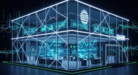 Futuristic bank building with financial data on screens, digital banking concept.