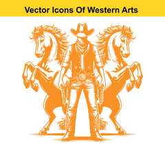 Fototapeta premium Cowboy with Two Rearing Horses – Black and White Western Vector Illustration