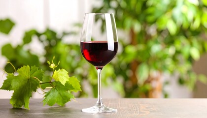 Red wine glass on table, greenery