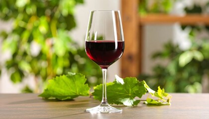 Red wine glass on table with leaves