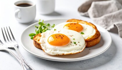 Two fried eggs on toasted bread with herbs