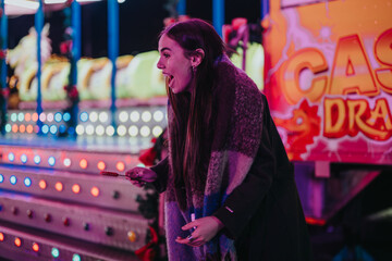 A cheerful woman revels in outdoor winter festivities, surrounded by brightly lit attractions and...