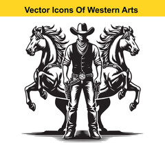 Fototapeta premium Cowboy with Two Rearing Horses – Black and White Western Vector Illustration