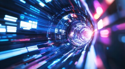 Digital Tunnel of Light: An impressive display of modern digital artistry, showcasing a vivid light tunnel of glowing streaks, creating a sense of speed and technological wonder.
