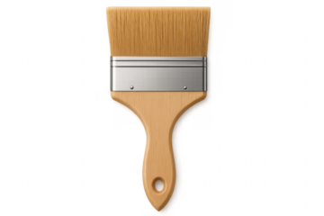 New paint brush with wooden handle on transparent background