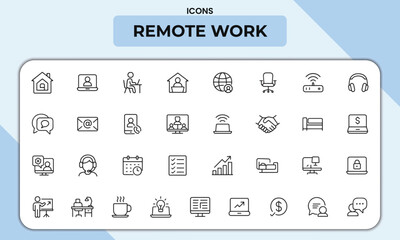 Remote Work Line Icons Pack –  Vector Icons for Home Office, Telecommuting, Video Conferencing, Productivity, and Freelance Tools