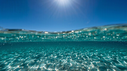 Obraz premium Sun shining on clear turquoise water surface with ripples reflecting on sandy seabed