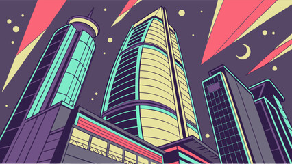 Cityscape buildings at night vector art illustration urban skyline architecture skyscrapers downtown drawing design