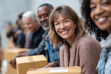 group of diverse people packing donation boxes in community center, teamwork and joy, 