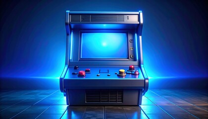 Retro arcade cabinet, blue light, glowing screen