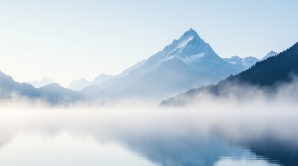 Misty Mountain Majesty: A serene view of a majestic mountain range shrouded in a blanket of ethereal mist, reflecting gracefully upon the tranquil lake's surface, symbolizing peace and the sublime.