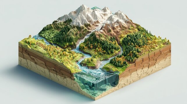 Cross-Section of a Dynamic Earth: A cross-sectional view of earth's layers, with mountains, rivers and flourishing green trees on a bright day