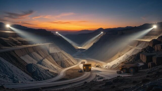 A mine illuminated by powerful spotlights at sunset, showing off multi-story excavations and heavy machinery. 4k video