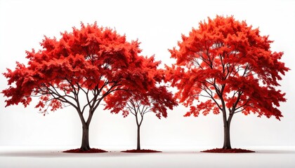 Fototapeta premium Three vibrant red trees against a plain white backdrop