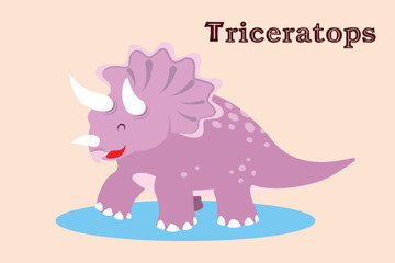 An adorable, cheerful purple cartoon Triceratops in a flat vector style, perfect for children's books, educational materials, and playful designs