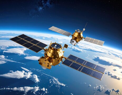 Two golden satellites orbiting Earth