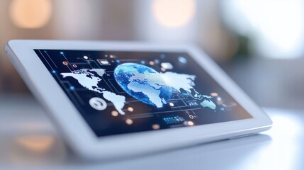 Global Connections: An advanced tablet displays a vivid, detailed 3D rendition of Earth, visualizing complex global networks and technological integrations. 