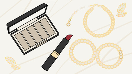 Makeup flatlay with eyeshadow palette lipstick and pearl necklace for beauty and fashion blog content creation