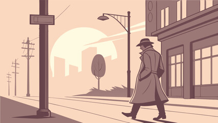 Illustration of detective walking in city street with building and street light at sunset time drawing