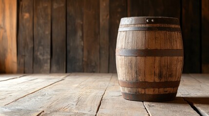 Fototapeta premium Wooden Barrel in a Rustic Setting: A detailed shot of a wooden barrel, showcasing its aged texture and sturdy craftsmanship, against a backdrop of weathered wooden planks, exuding a sense of history.