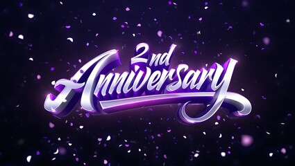 A glamorous second anniversary is celebrated with purple confetti and a shiny, elegant design against a dark background