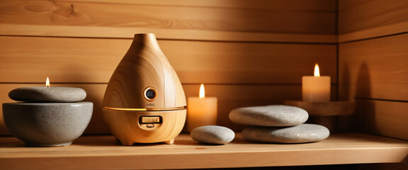  Aroma diffuser and stones on a wooden sauna shelf