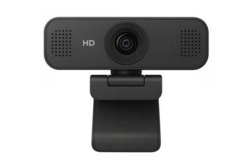 Black webcam with hd sensor and integrated microphone on transparent background