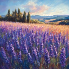 A field of lavender flowers with trees and hills under a blue and pink sky in an oil painting