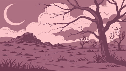Illustration of desert landscape with bare trees and moon in pink color palette vector graphic art