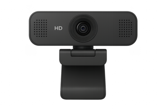 Black webcam with hd sensor and integrated microphone on transparent background