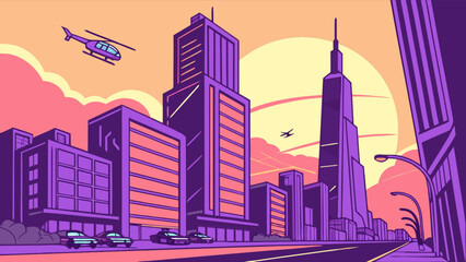 Cityscape illustration with skyscrapers, helicopter, and cars in a vibrant sunset urban landscape art