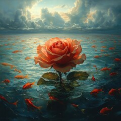 A single peach rose in the ocean surrounded by goldfish under a cloudy sky artistic rendering view