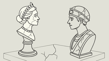 Broken statue of queen and king facing each other on cracked table art illustration vector design