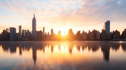 Sunrise over the City: A breathtaking panorama of a sprawling urban cityscape silhouetted against a vibrant sunrise, the golden light reflecting in the tranquil water below.