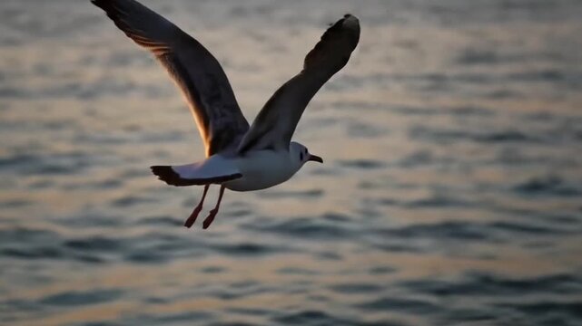 Seekor burung camar putih yang cantik terbang bebas dengan sayap terentang melintasi langit biru dan di atas lautan luas