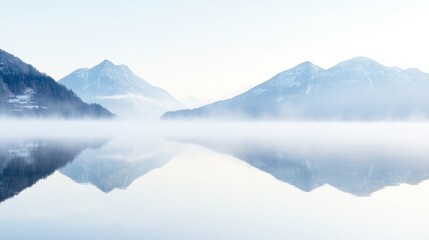 Fototapeta premium Mountain Serenity: A serene vista unfolds with majestic mountains reflected in tranquil waters, creating a moment of peace and natural beauty.