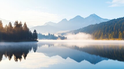 Serene Lake Reflections: A tranquil lake mirrors a breathtaking mountain range and lush forest, creating a serene natural scene filled with misty atmosphere and captivating reflections. 